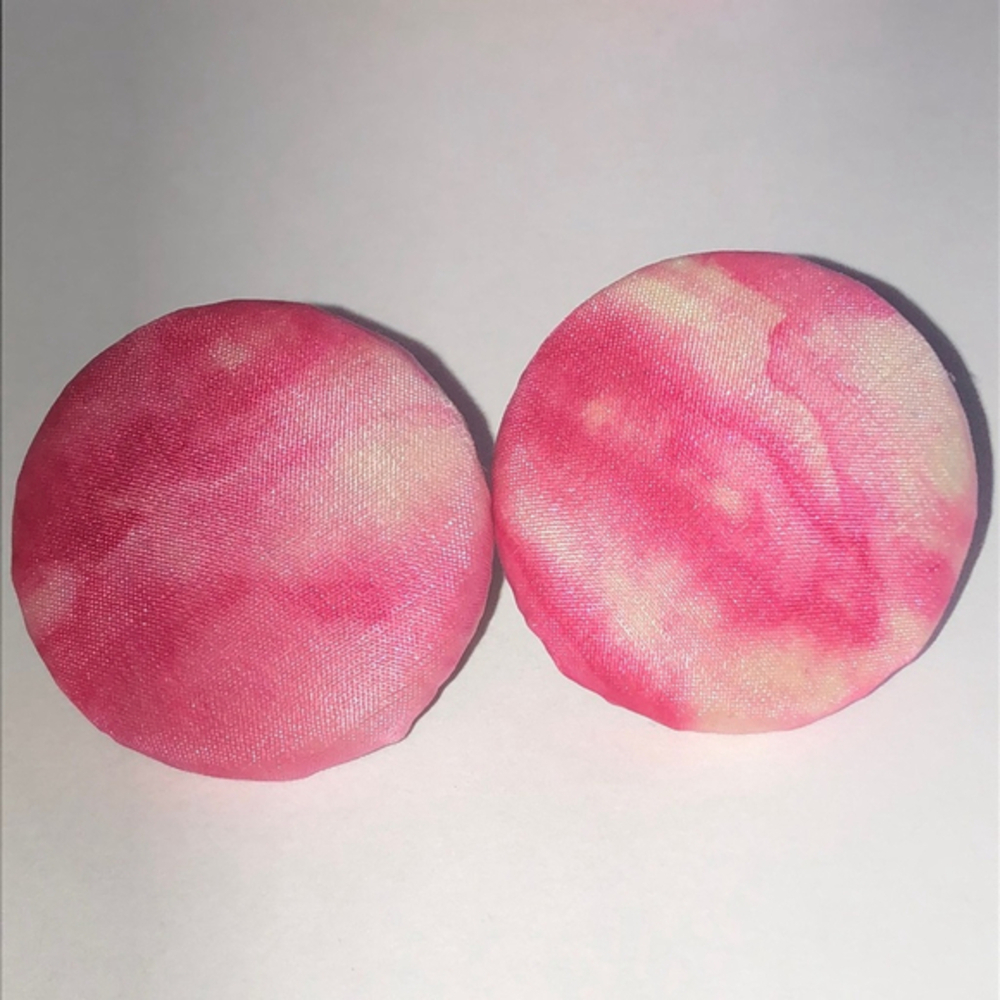 Pink and White Fabric Button Earrings